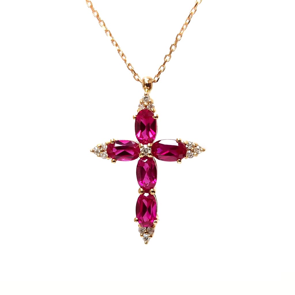 Кръст от розово злато 14 к. с рубини и диаманти