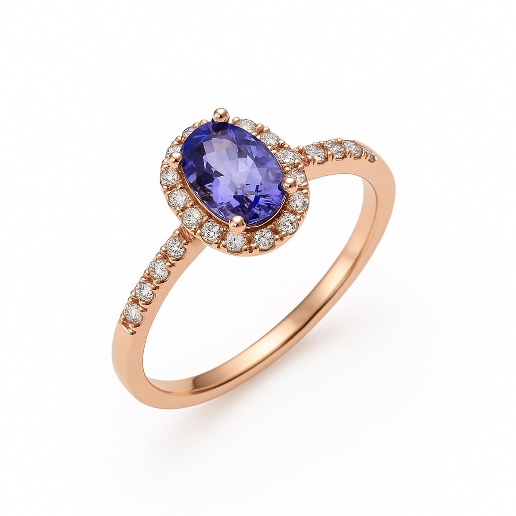 Дамски пръстен от розово злато с танзанит и диаманти