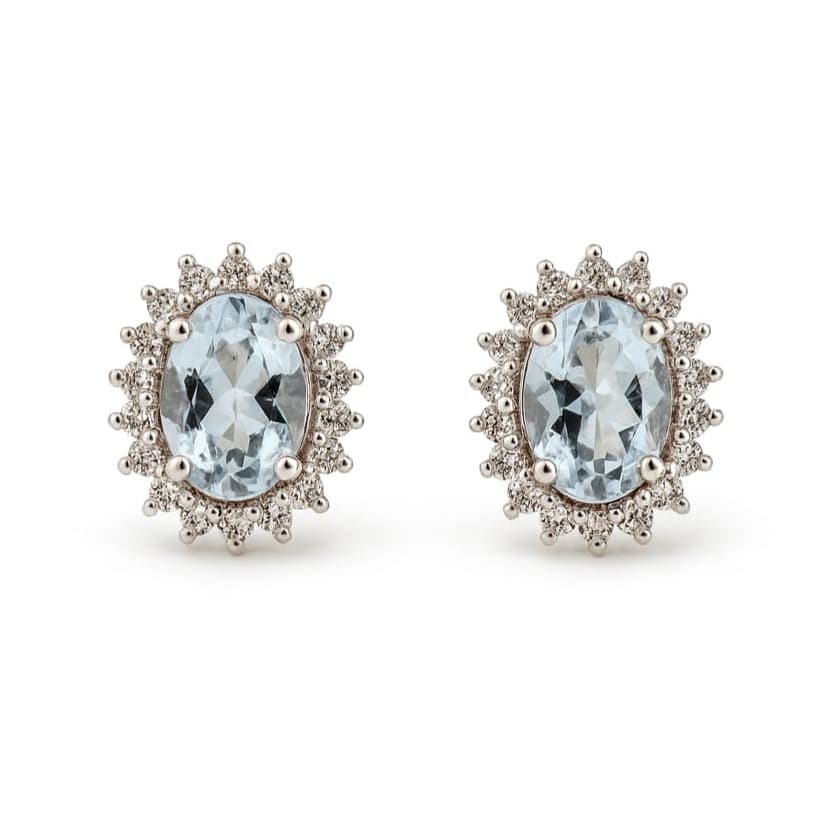 Обеци от бяло злато с диаманти и аквамарин