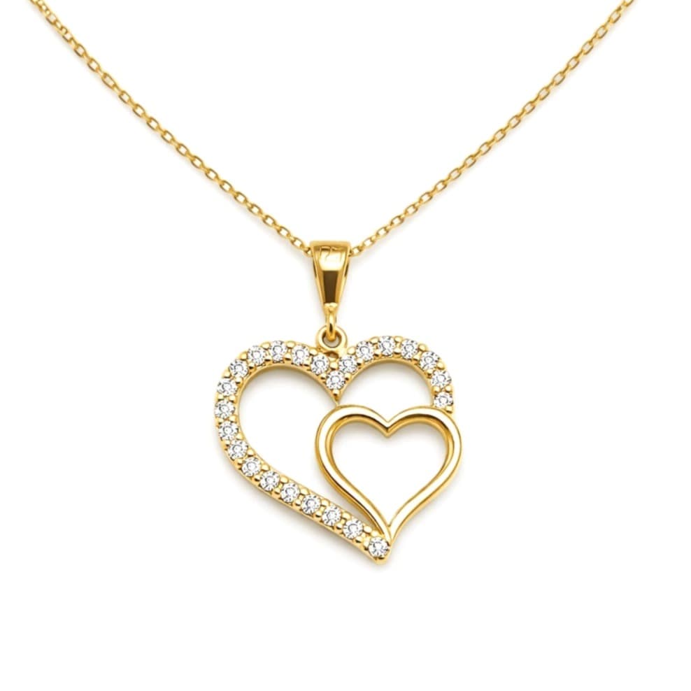 Златно колие с двойно сърце и цирконий