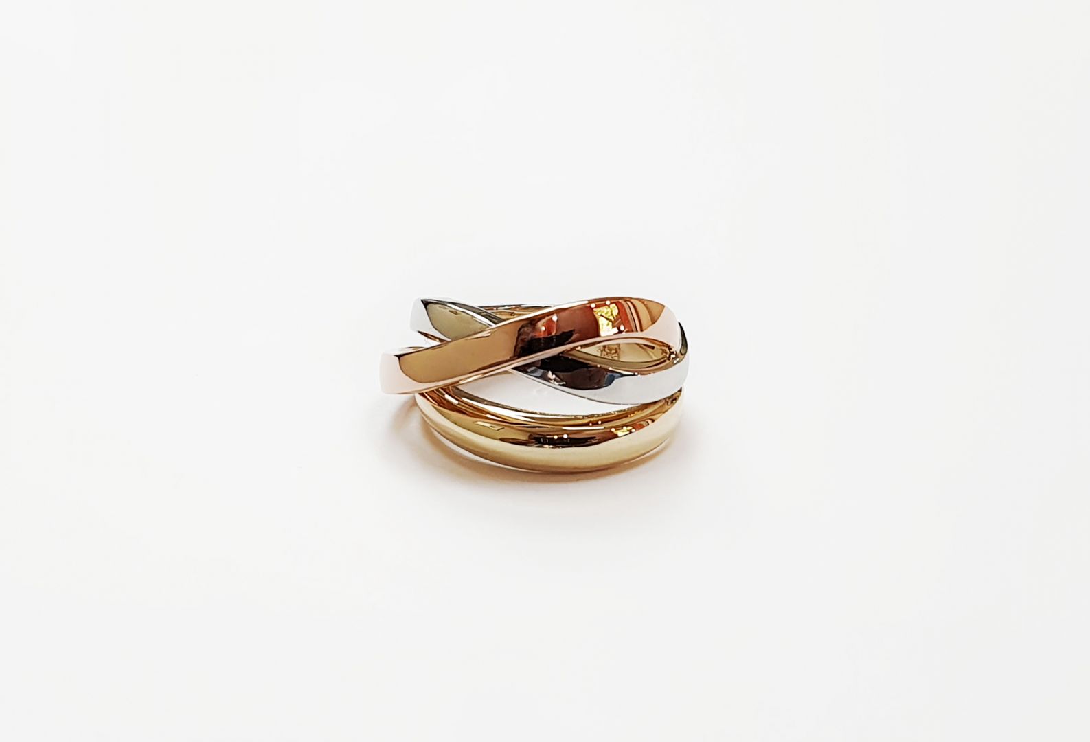 Преплетен пръстен комбинация от бяло, жълто и розово злато 14к.