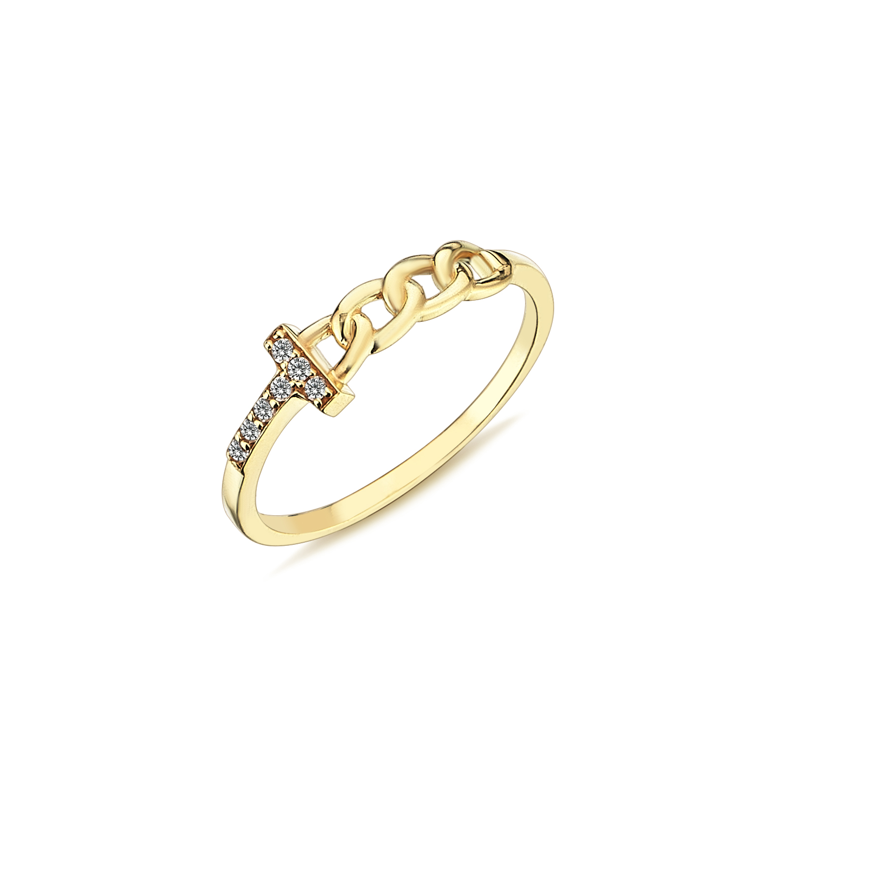 Дамски пръстен с камъни циркони и мотив верижка от жълто злато 14 к.