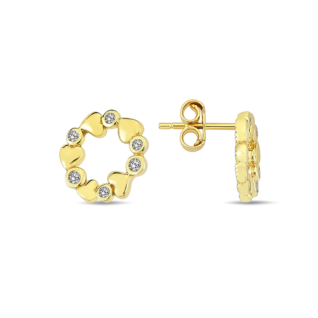 Златни обеци на винт от жълто злато с цирконий