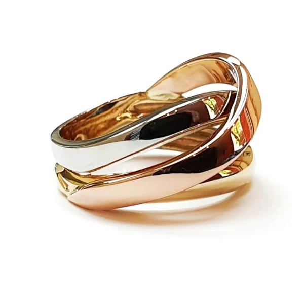 Преплетен пръстен комбинация от бяло, жълто и розово злато 14к.