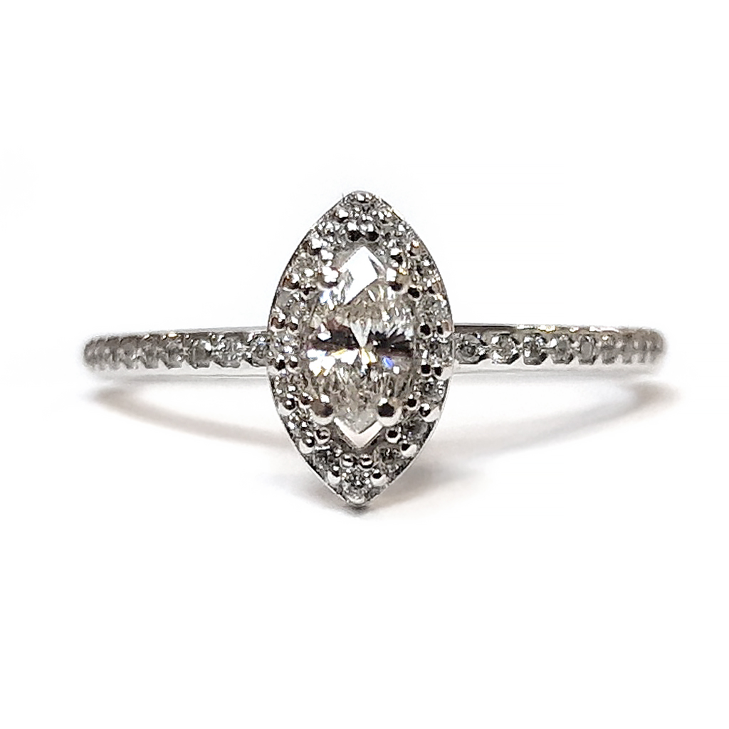 Дамски годежен пръстен от бяло злато 14 к. с диамант форма Маркиз