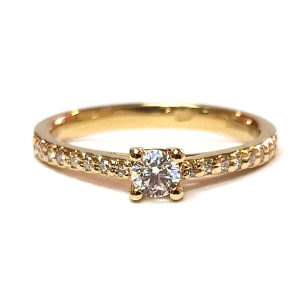 Годежен пръстен от жълто злато 14 к. с централен и странични диаманти