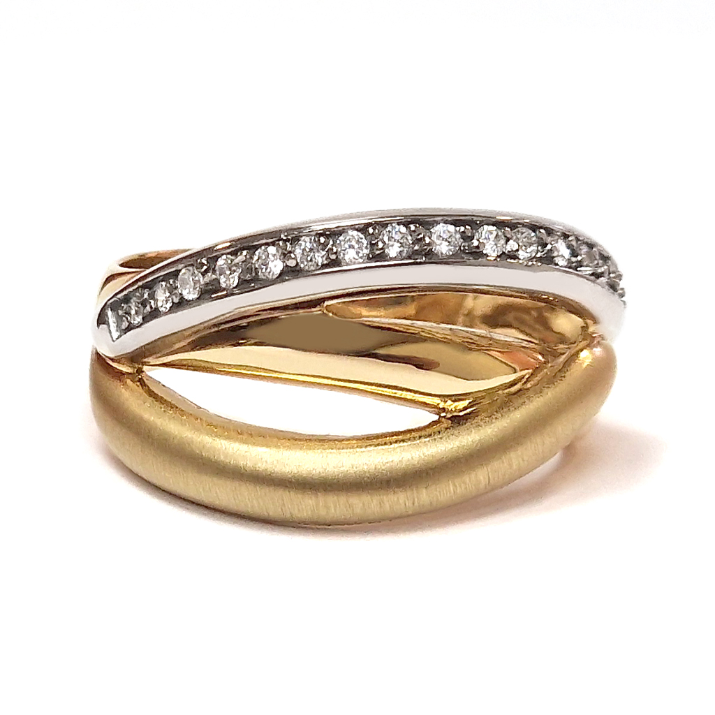 Преплетен пръстен от жълто и бяло злато 14 к. и циркони