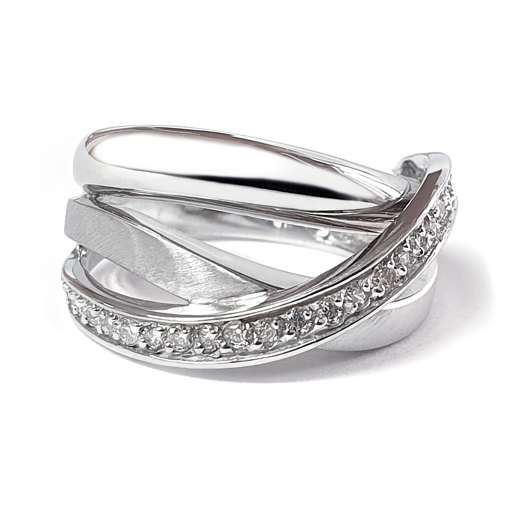 Пръстен с преплитащи се елементи от бяло злато 14 к. и циркони 75 Prasten S Preplitasthi Se Elementi Ot Byalo Zlato 14 K I Czirkoni