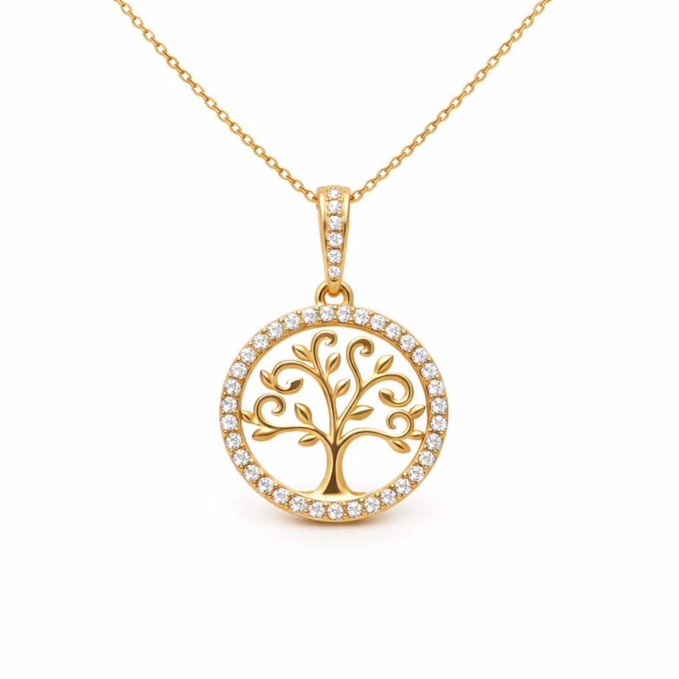 Златно колие Дървото на живота с цирконий