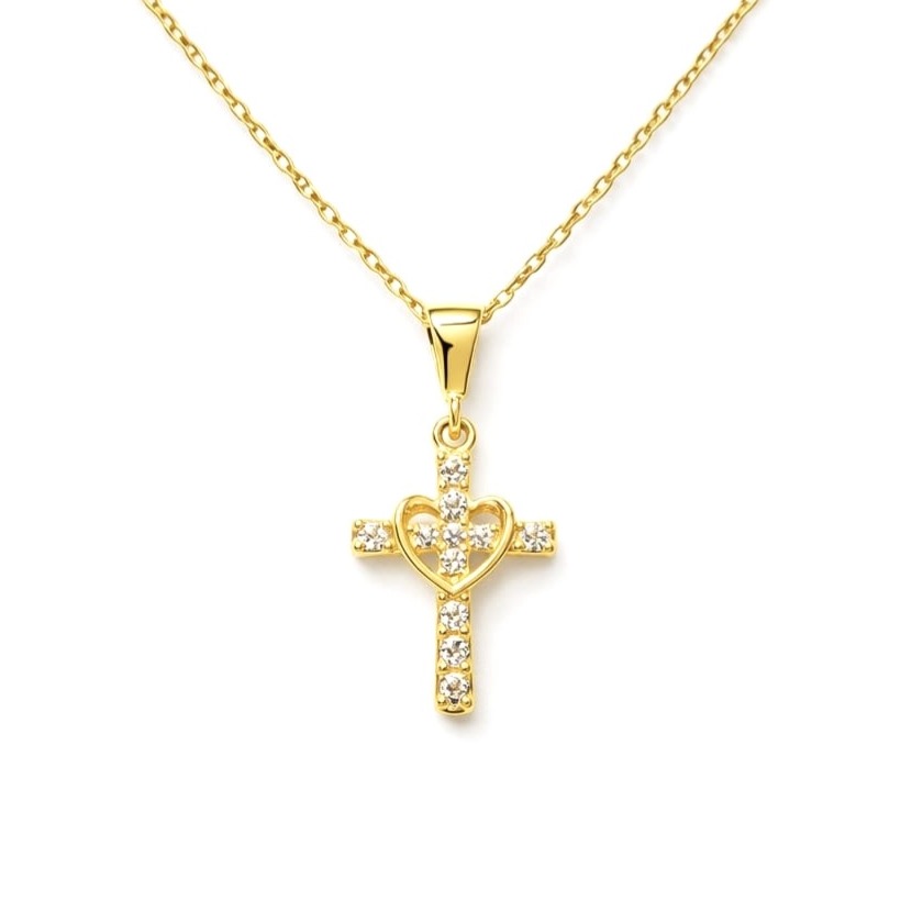 Златно колие кръст със сърце и цирконий
