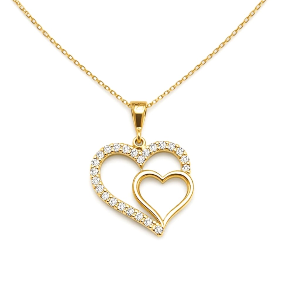 Златно колие с двойно сърце и цирконий